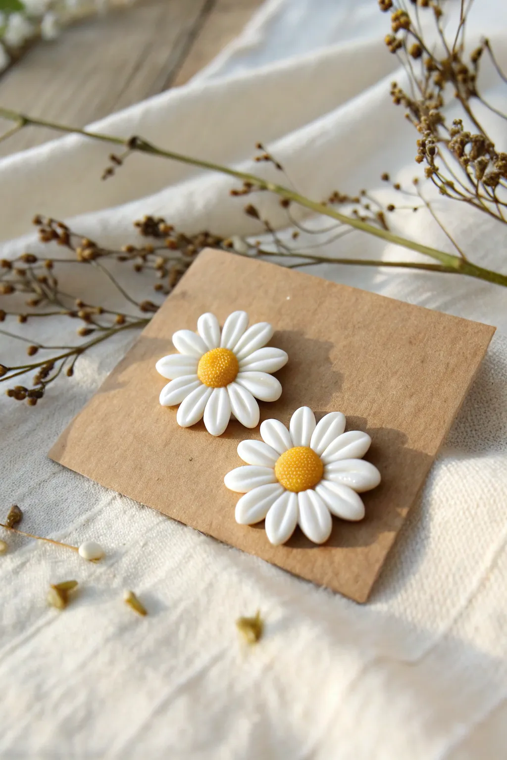 Simple Sculpey daisy earrings with rounded petals and a sunny center, styled on linen.
