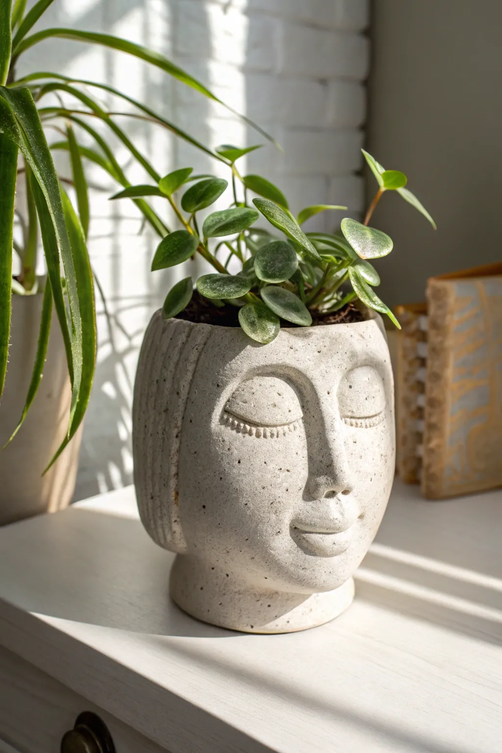 Minimal clay face planter with leafy hair, clean Scandinavian light and crisp contrast