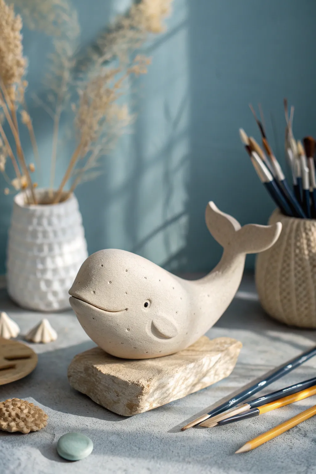 Sweet mini clay whale with a flat belly base, simple curves and calm blue minimalist styling.