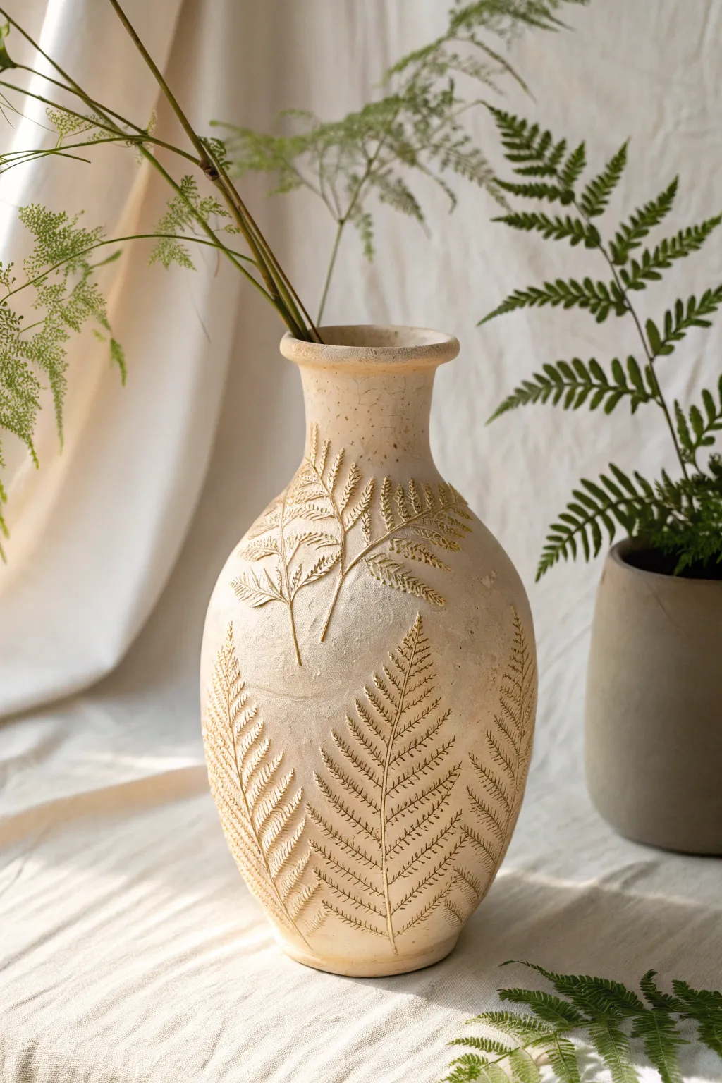 Soft matte vase with sgraffito fern fronds, delicate veins, and calm Nordic boho contrast.