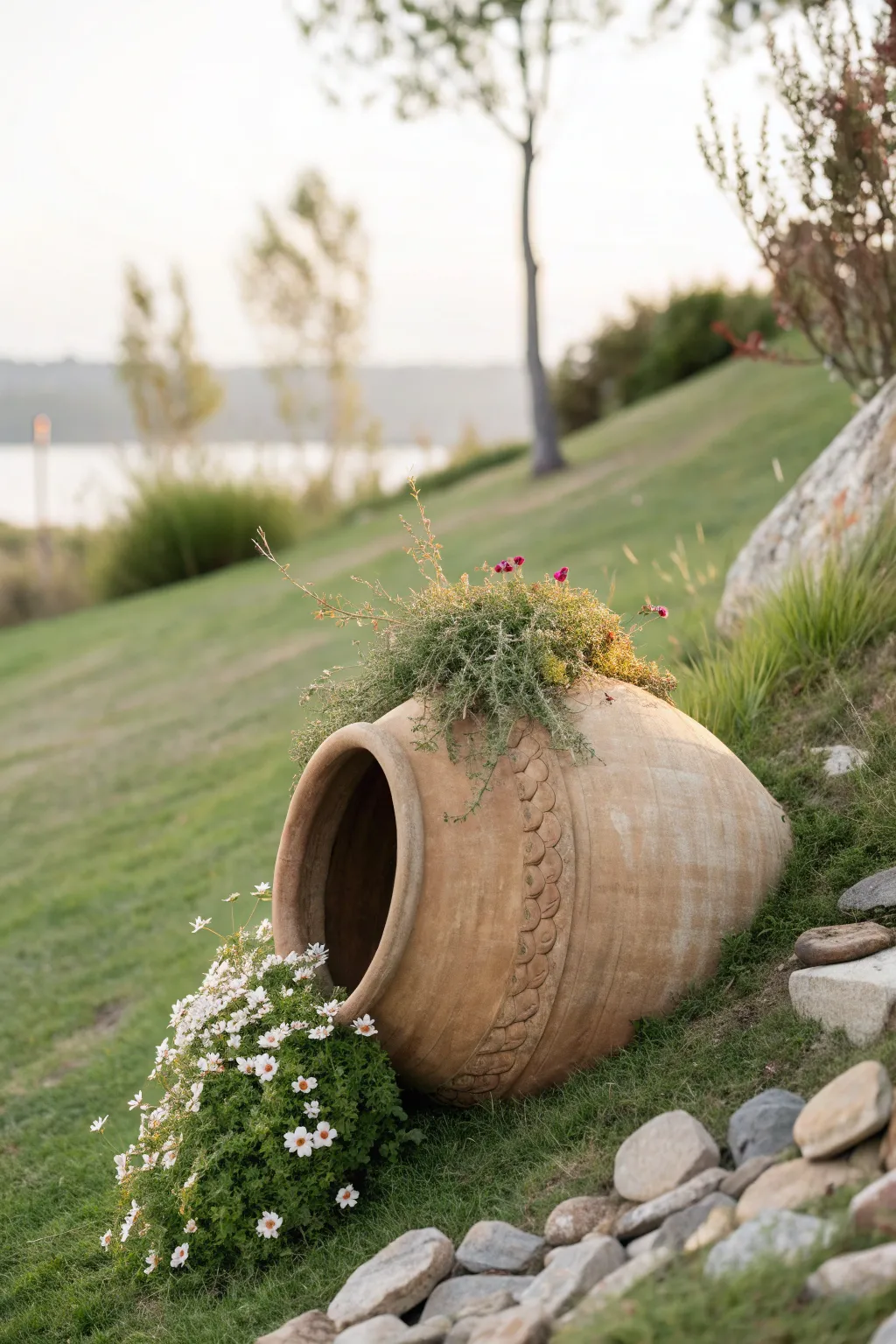 Sideways urn on a gentle slope, with cascading blooms that let gravity do the design.
