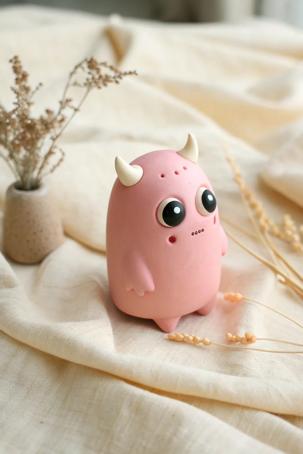 Sweet pastel mini monster with tiny horns and wide eyes, a cute silly clay idea for beginners.
