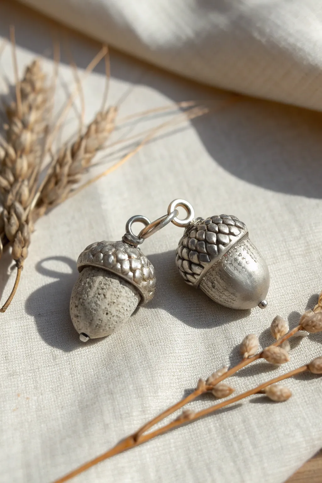 Chunky silver clay acorn and seed pod charms paired with real finds for natural inspiration