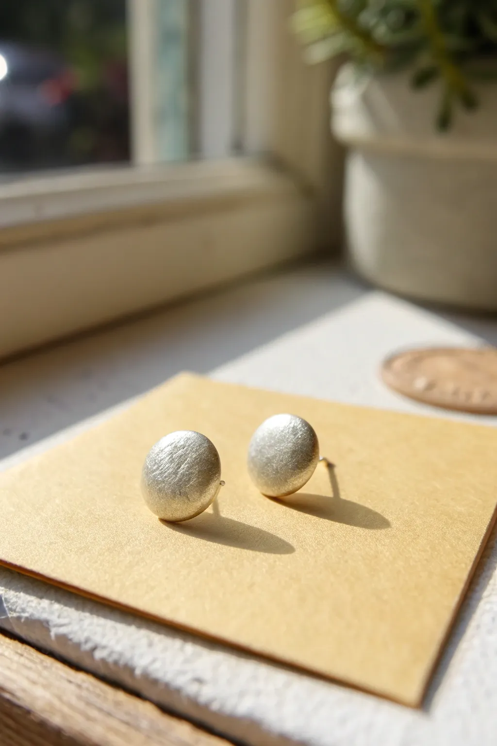 Tiny textured silver clay stud earrings in a clean minimalist style, simple and handmade