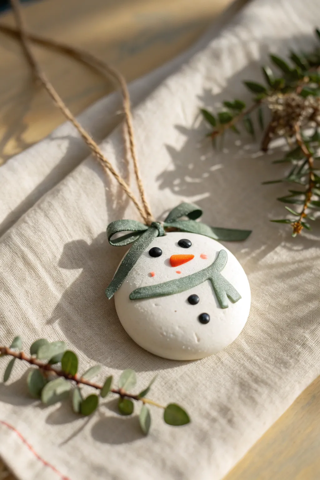Minimal snowman clay ornament with simple dot eyes and carrot nose, cozy Scandinavian holiday charm