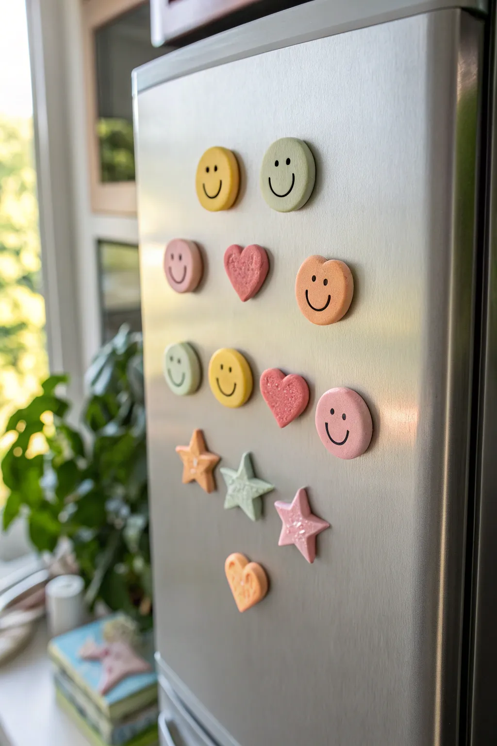 Happy little clay magnets in pastel smiles, stars, and hearts, neatly styled on cool metal.