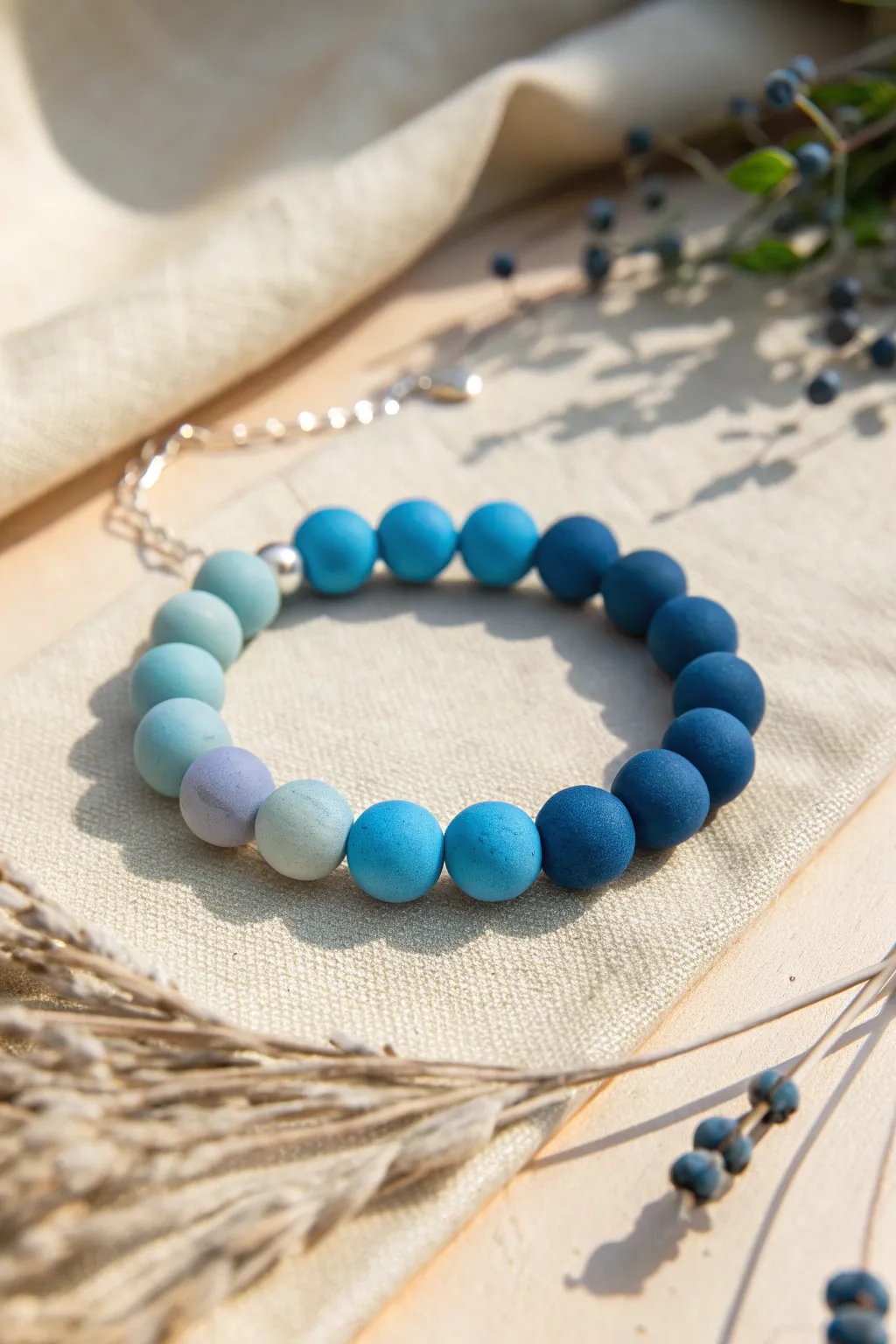 Soft ombre clay bead bracelet from deep ocean blue to pale sky, minimal and beautifully handmade