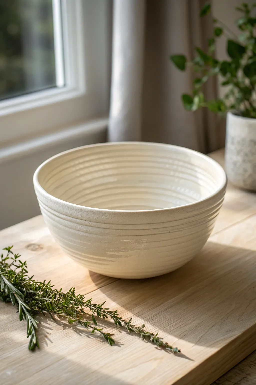 Smooth, satin off-white coil bowl with blended seams for a calm minimalist pottery look