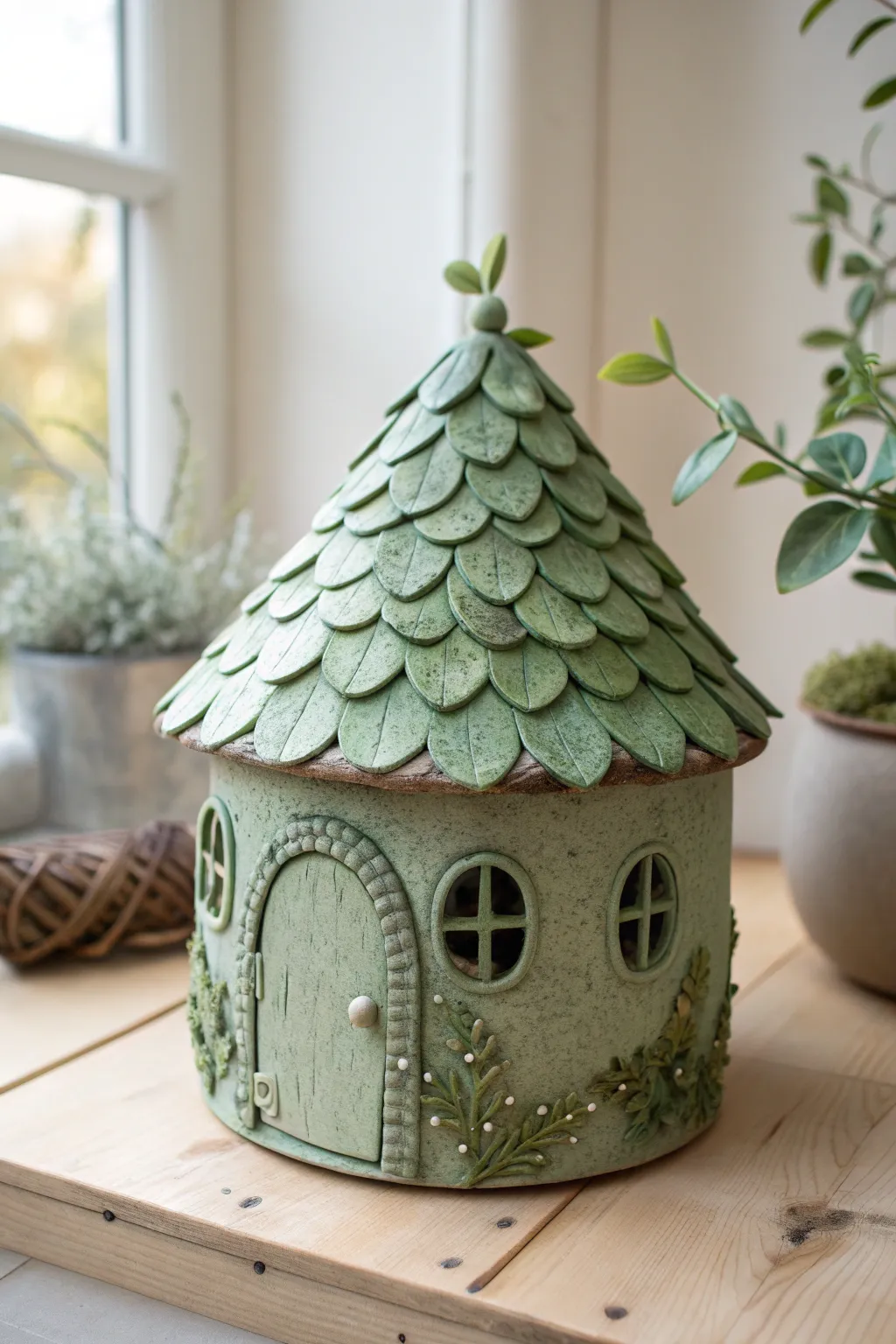 Leafy roof fairy house in soft greens, a simple clay project with cozy woodland charm.