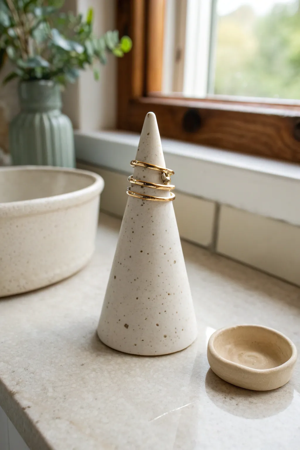 Minimal speckled clay ring cone for your sink, styled simply with a dish and stacked rings