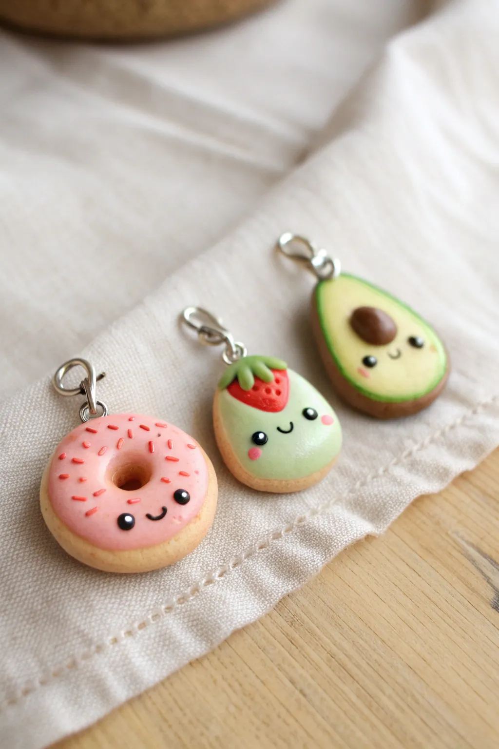 Tiny clay food charms with cute faces, perfect beginner project with a clean minimalist look