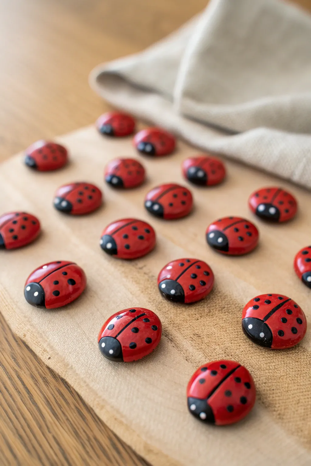 Cute ladybug clay pebble magnets in a neat grid, minimalist and kid friendly decor