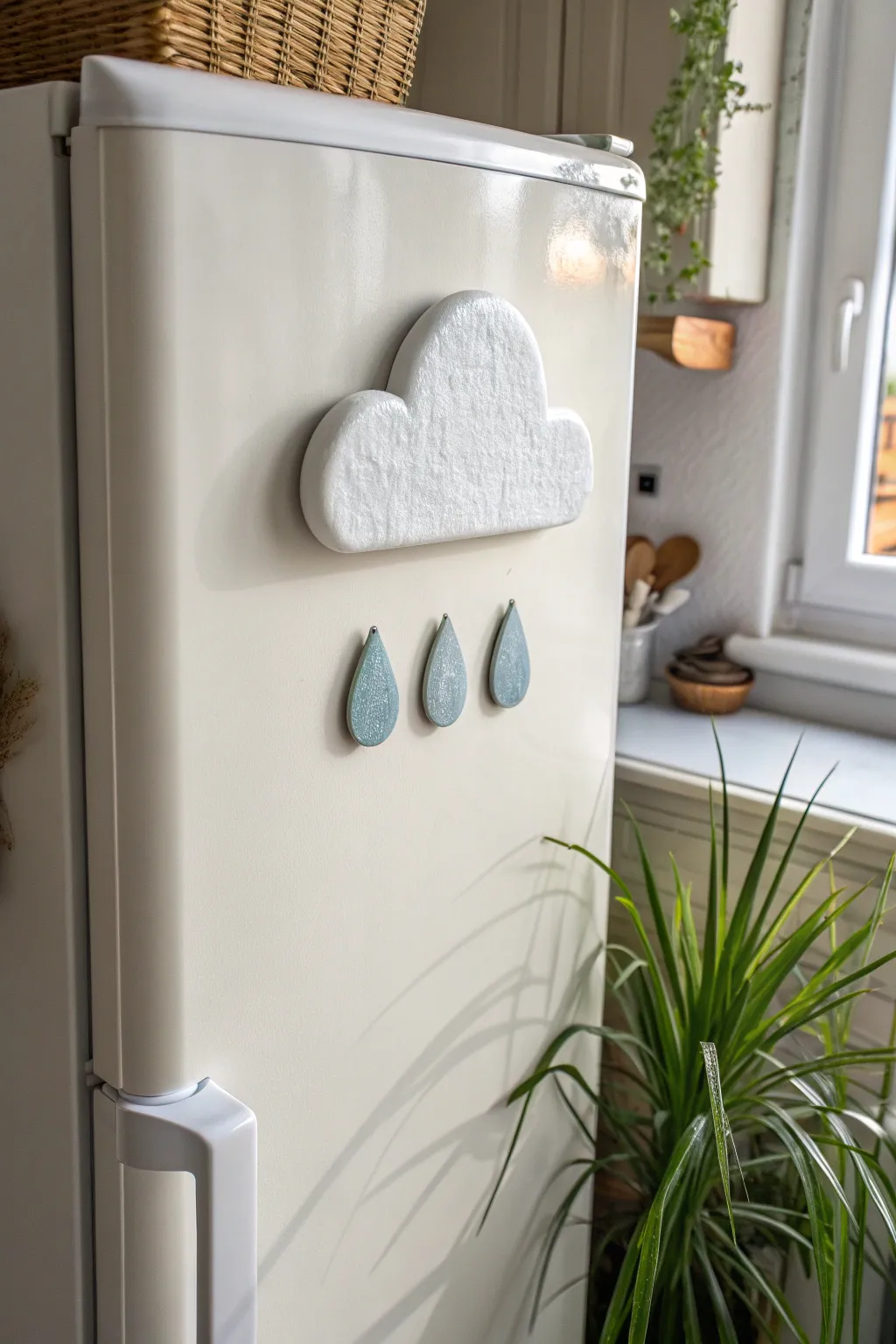 Soft white cloud with two dusty-blue raindrops, a calm minimalist magnet set for your fridge.