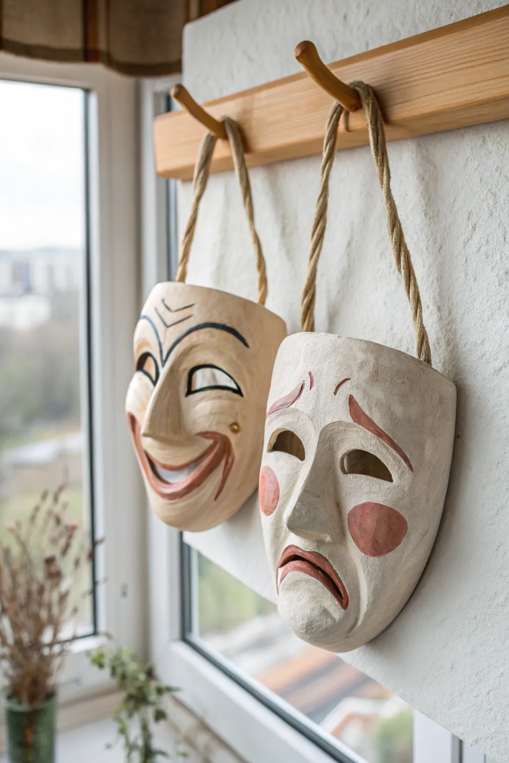 Minimalist comedy and tragedy clay masks in warm two-tone finish for a simple DIY wall display
