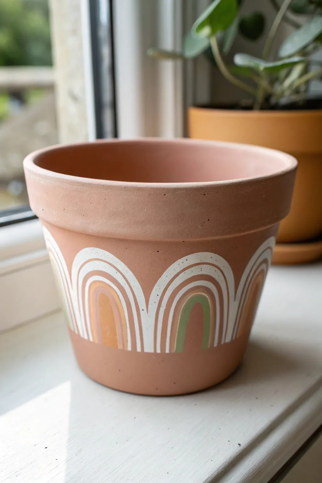 Minimal rainbow arches in muted tones on a matte clay pot, simple, modern, and beginner-friendly.