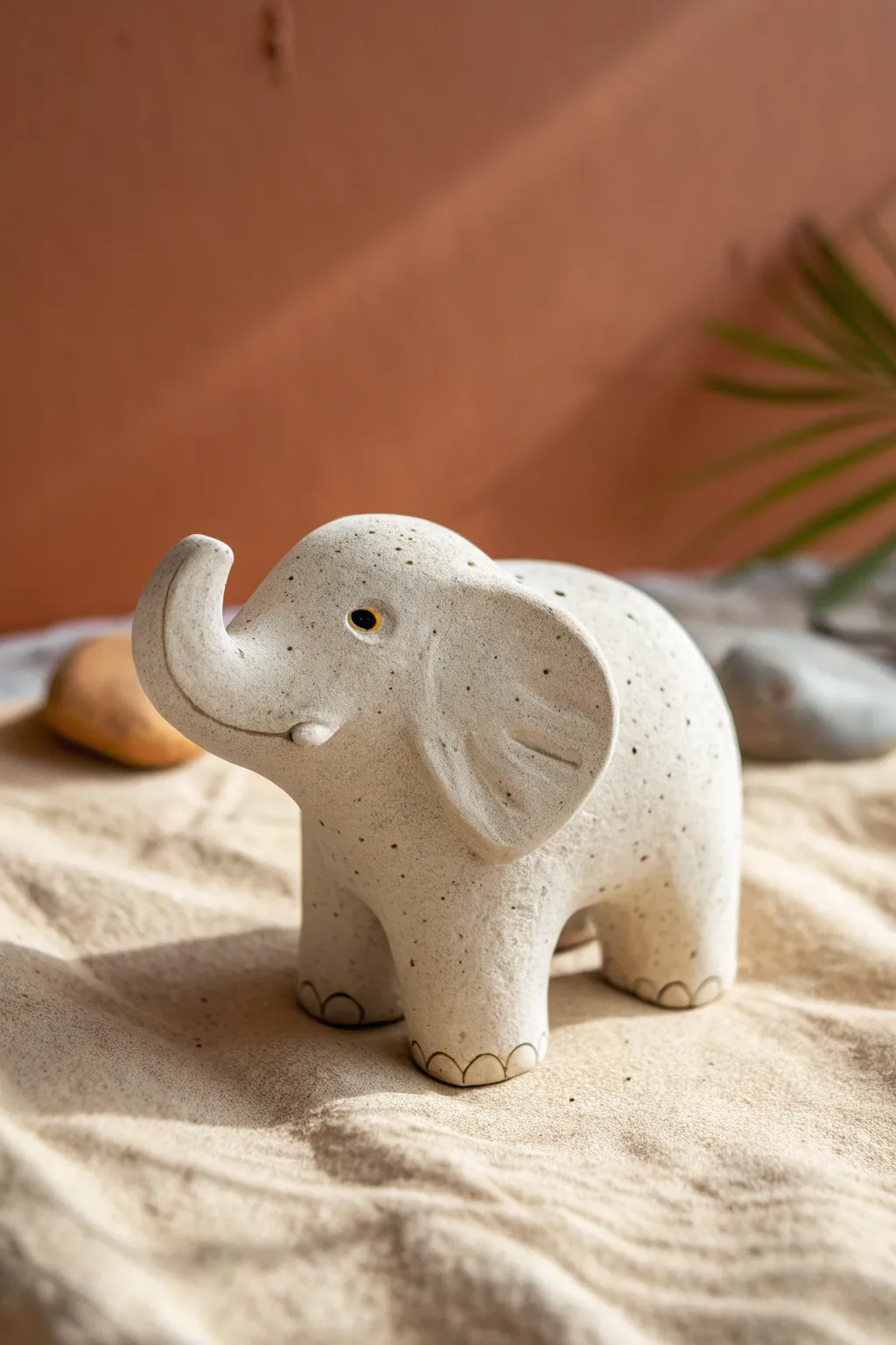 Minimal mini clay elephant with curved trunk, matte finish, perfect simple sculpture idea