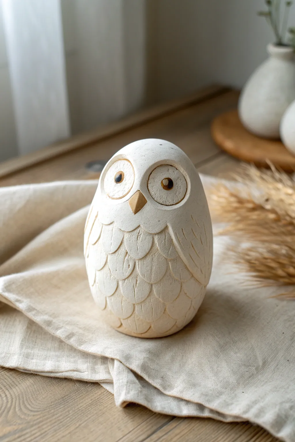 Beginner-friendly round clay owl with stamped feather texture and big eyes in a calm Nordic style