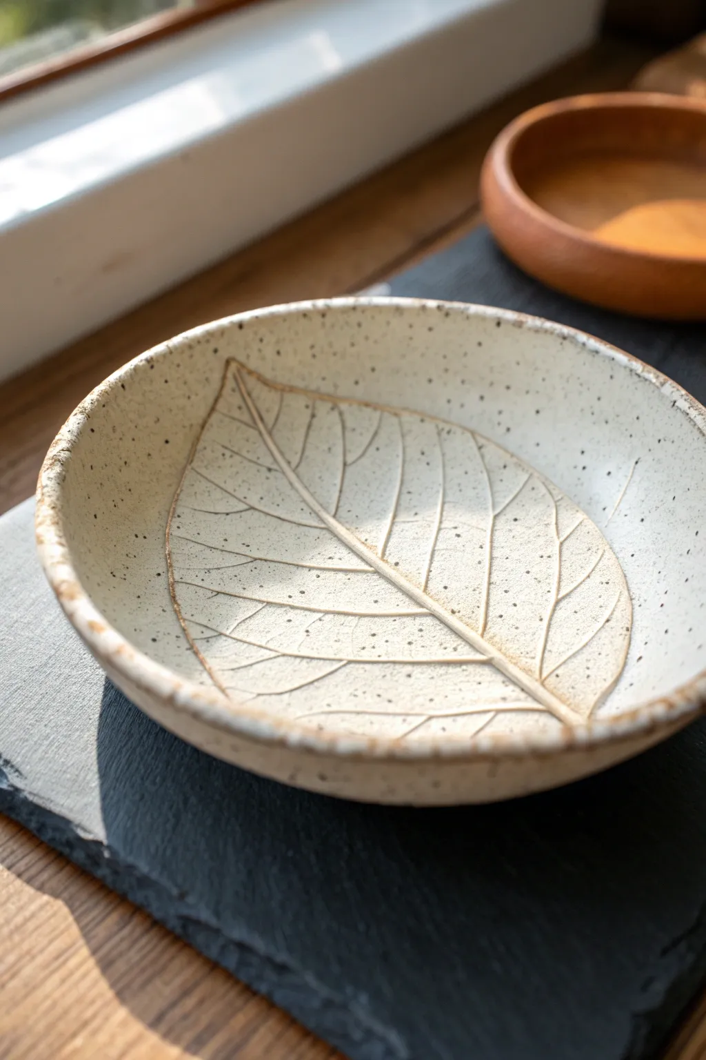 Soft leaf vein textures pressed into simple clay dishes, minimal and naturally beautiful.