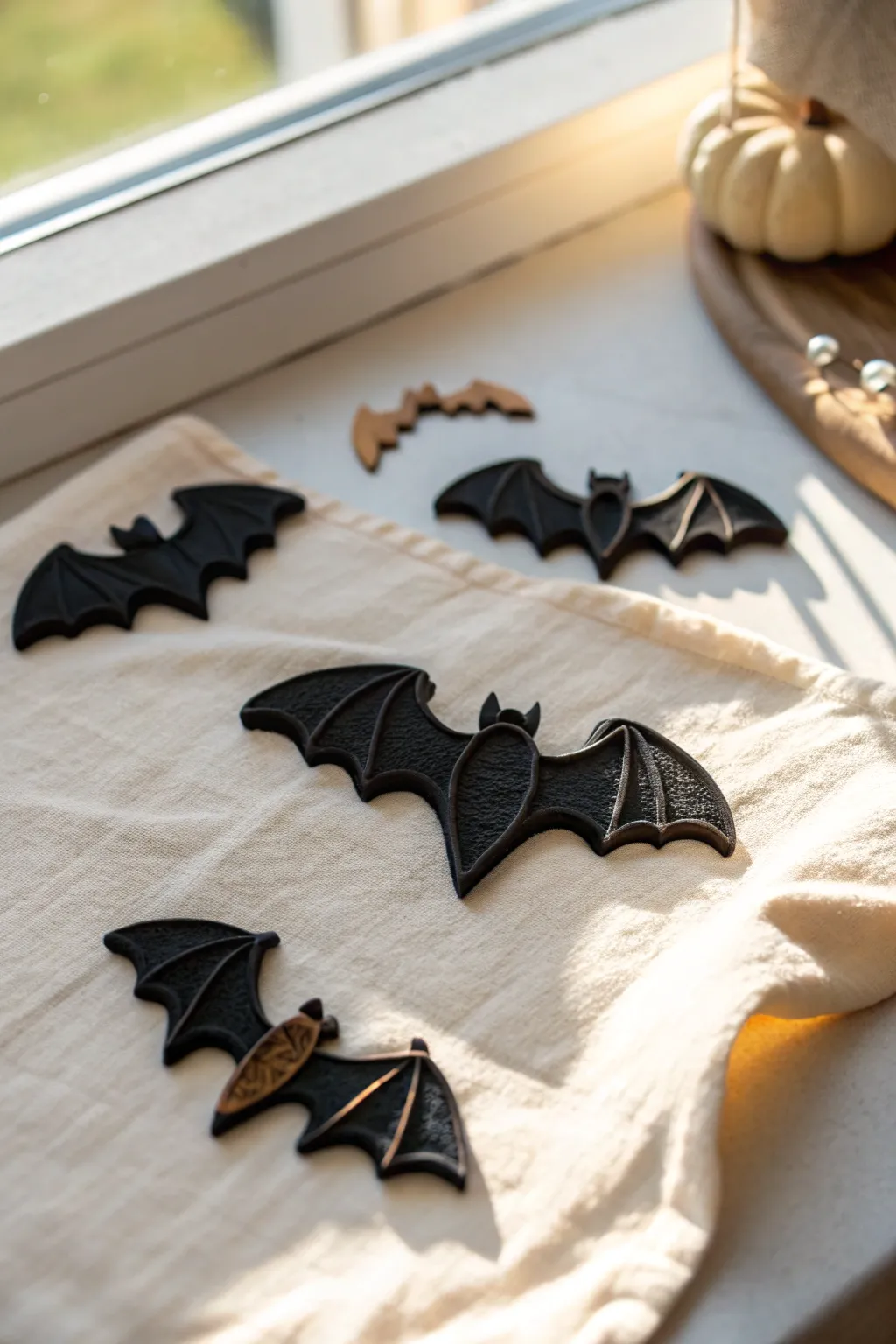 Minimal black clay bat cutouts for Halloween, styled in a clean Scandi flat lay with boho warmth.