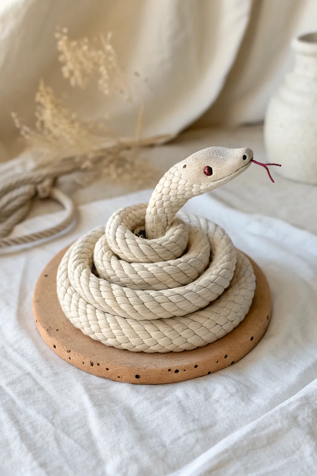 A sweet coil snake from simple clay ropes, finished with tiny eyes and a little tongue.