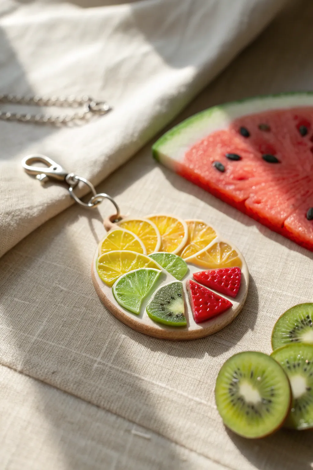 Tiny polymer clay fruit-slice charm: lime, kiwi and watermelon, minimal and Pinterest-pretty.