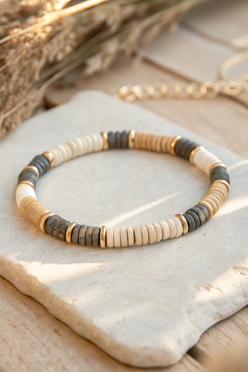 Minimalist neutral heishi clay bracelet in cream, tan, and charcoal on warm beige stone.