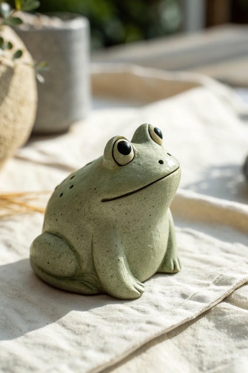 Super simple round clay frog with big eyes, minimalist and cute, perfect for an easy beginner project.