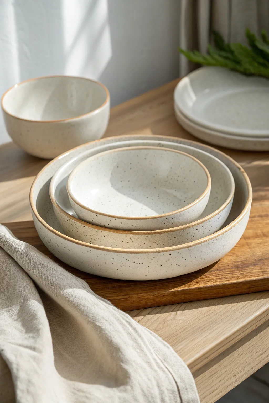 Nested template-cut slab bowls with crisp, repeatable shapes and calm Scandinavian warmth.