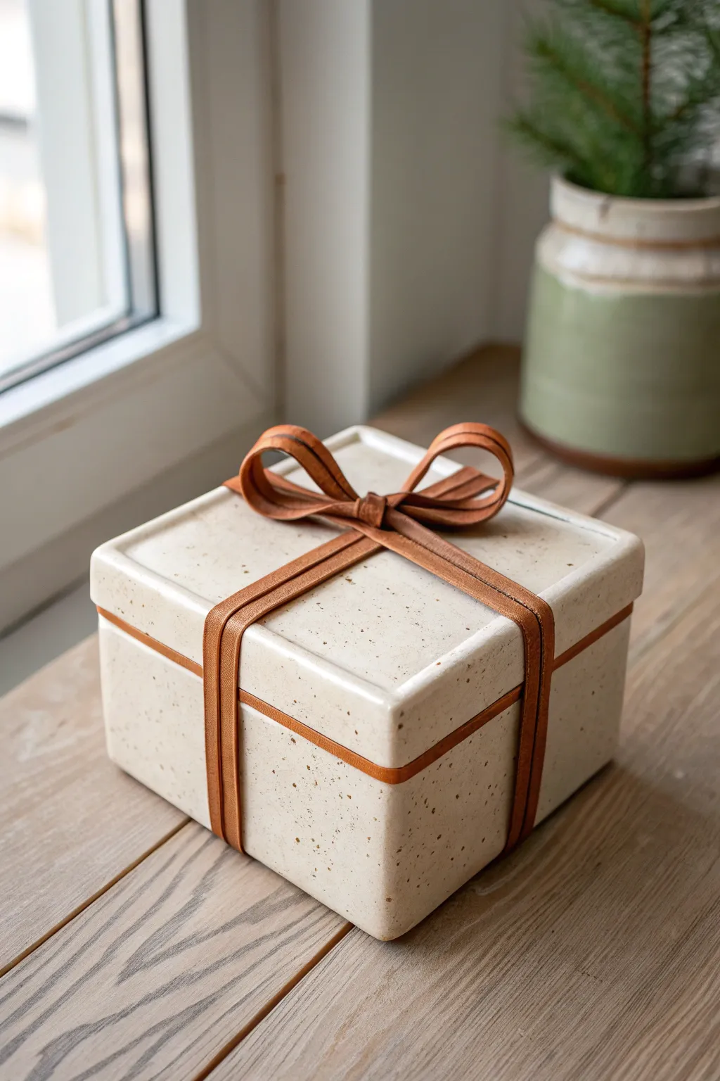 Present-style slab box with raised clay ribbons and a bow handle, finished in soft two-tone glaze.