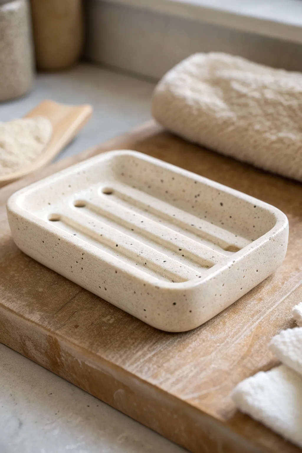 Minimal slab soap dish with carved drainage grooves for a calm, clutter-free sink space