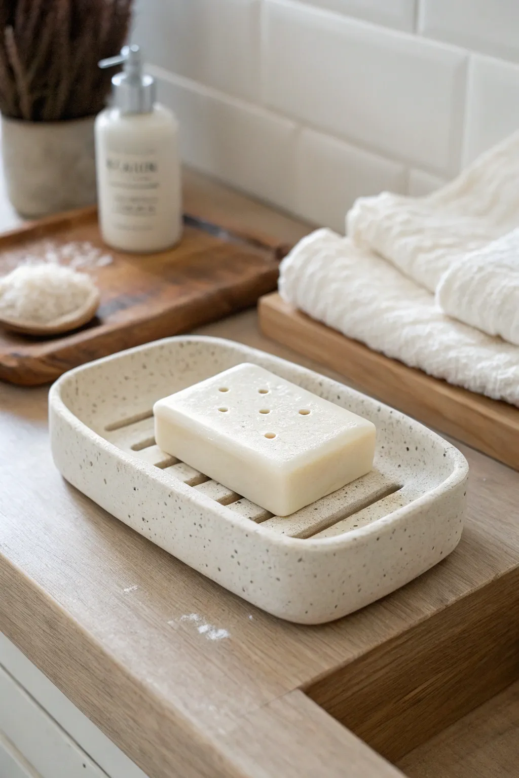 Minimal slab soap dish with clean drain holes and a gentle curve for a fresh, tidy sink.