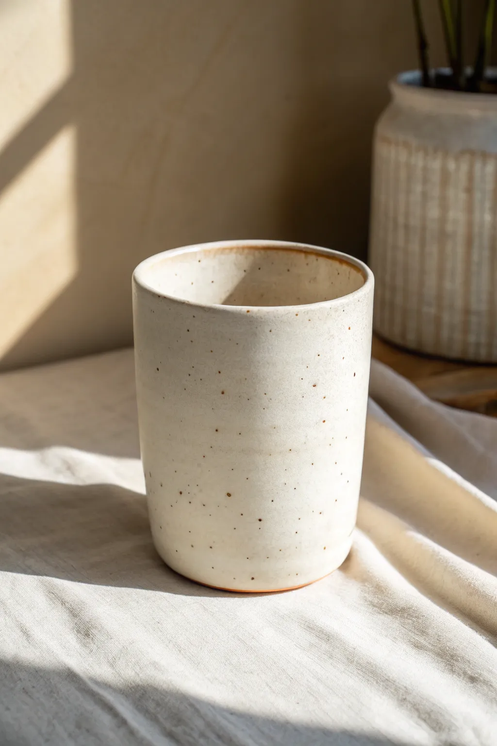 Minimal slab tumbler with a soft taper and matte speckled glaze, simple, handmade, and serene.