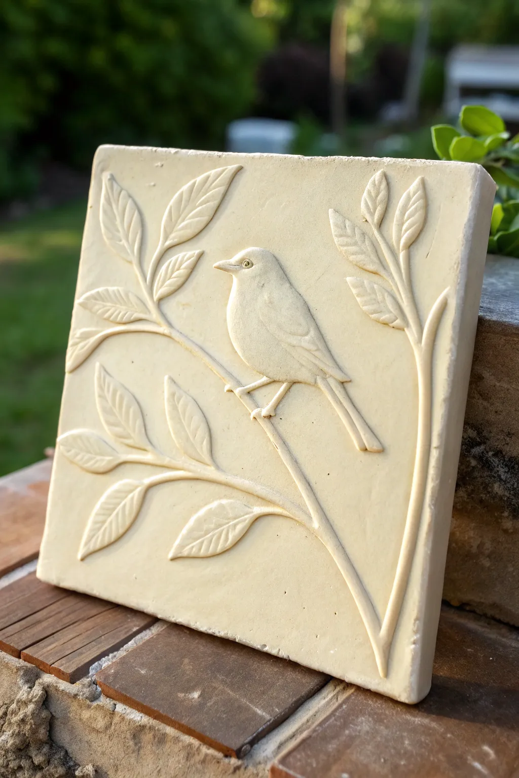 Minimal bird-on-branch slab relief with layered leaves for clean depth and soft shadow contrast