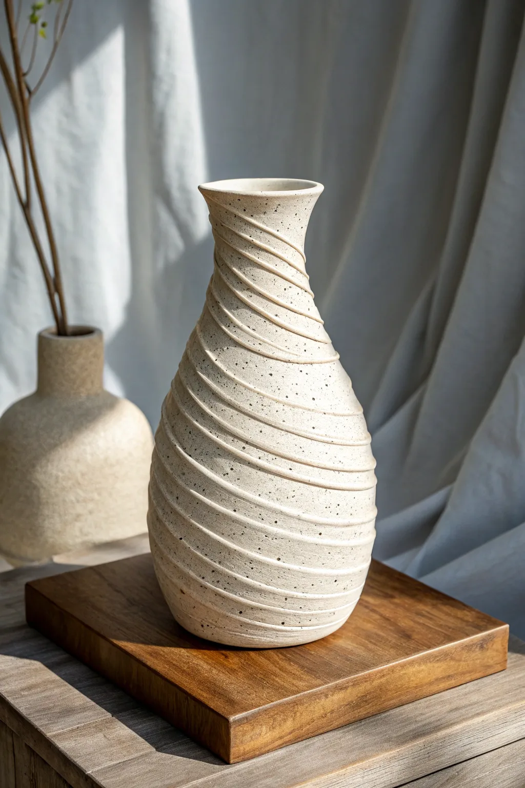 Soft-slab spiral vase with layered edges, minimalist shape, warm clay beauty for calm Boho homes.