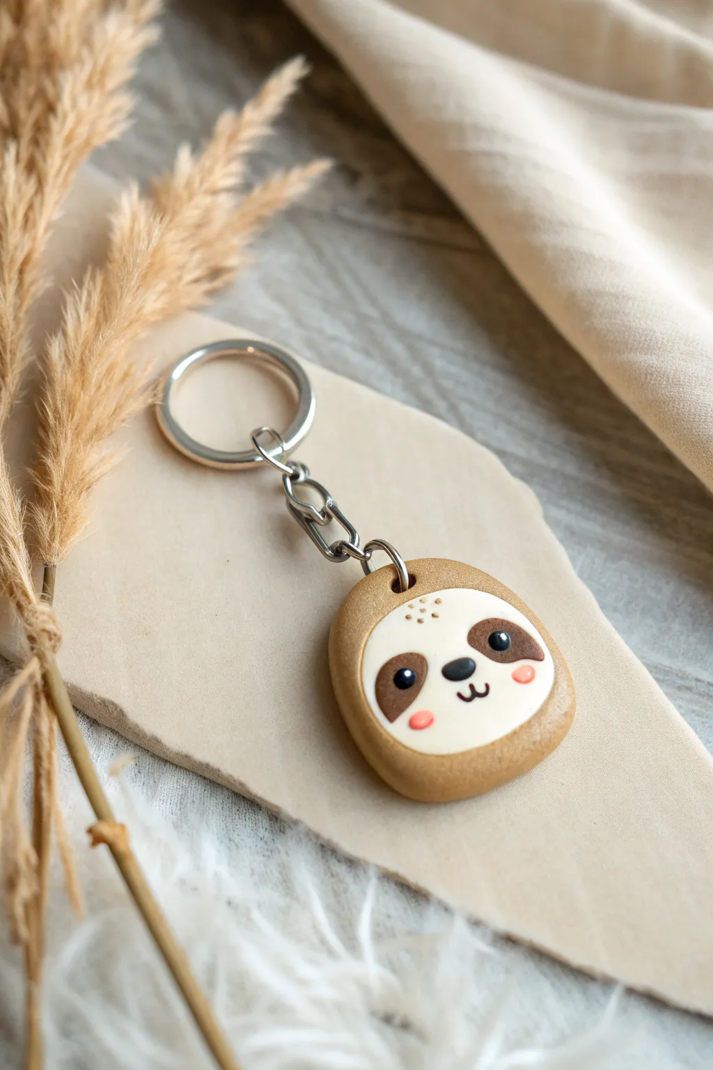 Minimal sloth clay keychain tag in soft Nordic tones, cute, calm, and easy for beginners