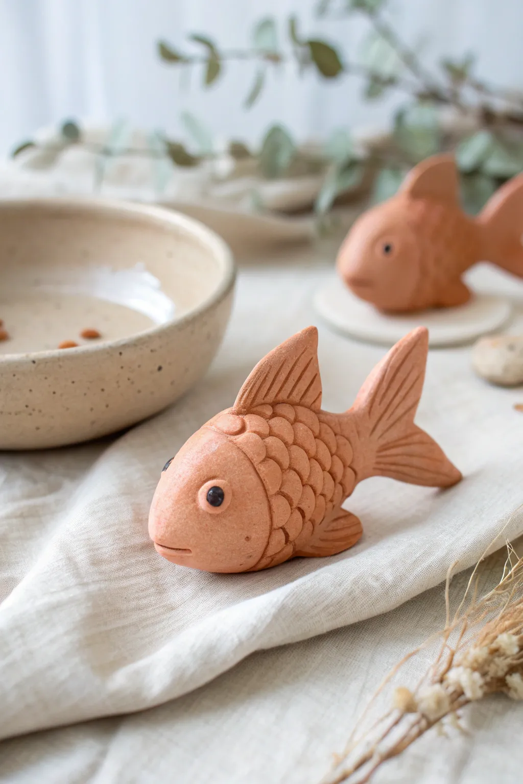Tiny clay goldfish with fin flicks, minimalist and boho styled for a calm, crafty display