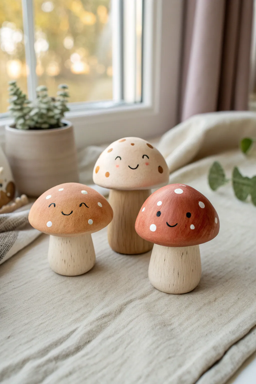 Adorable mini clay mushroom friends with sweet faces, earthy tones, and one bold pop color.