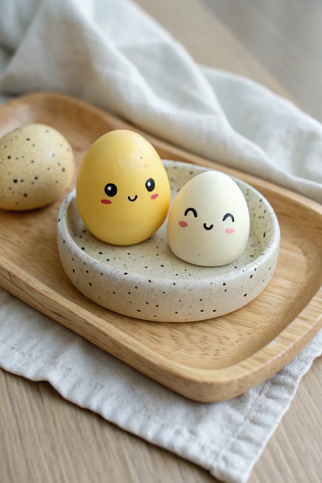 Cute clay egg duo with yolk faces in minimalist Scandinavian styling, warm boho neutrals.