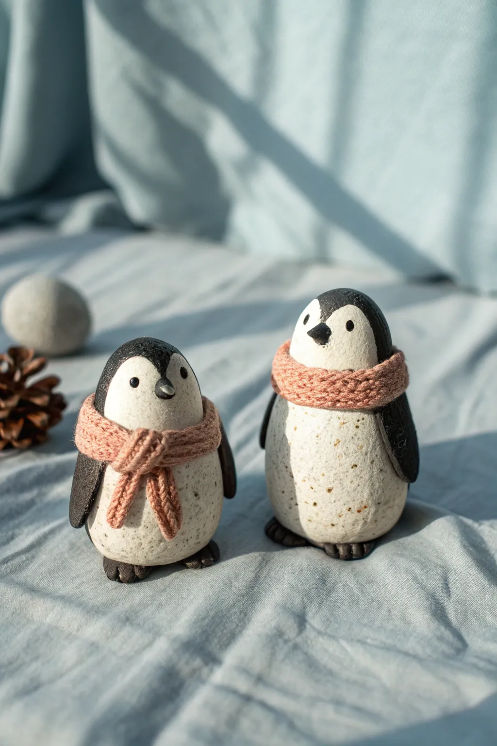 Mini clay penguin waddlers with a sweet scarf detail, styled in calm Scandinavian tones