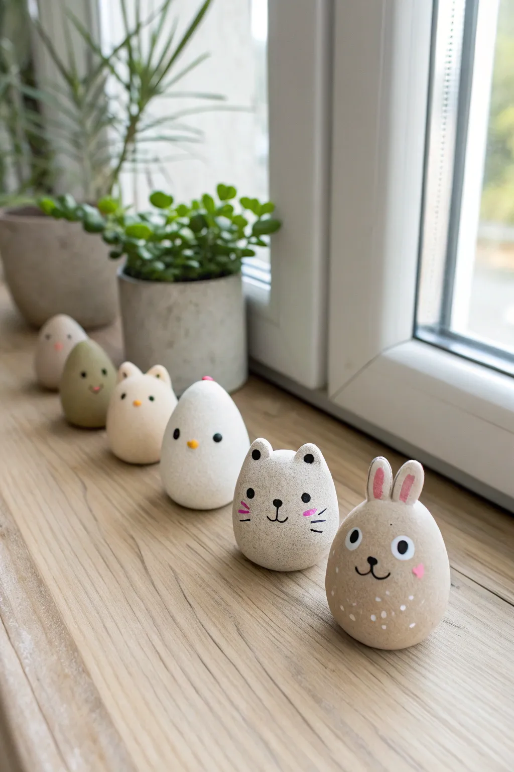 Five tiny clay animal pebbles with sweet faces, a minimalist beginner project in soft earthy tones