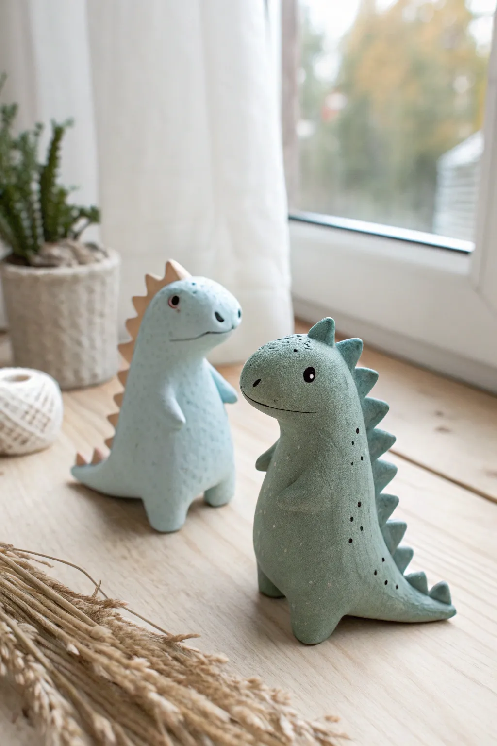 Tiny dino buddies in blue and green, a simple kid friendly clay project with cute spiky backs