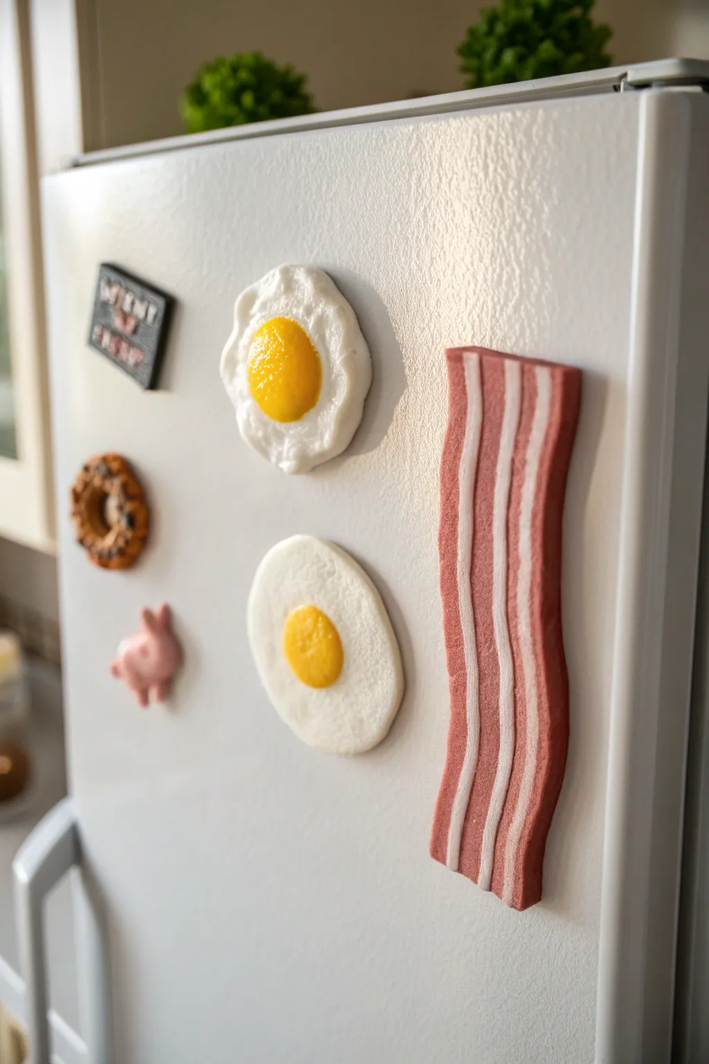 Sunny egg and wavy bacon clay magnets, minimalist and cozy, perfectly cute on your fridge.