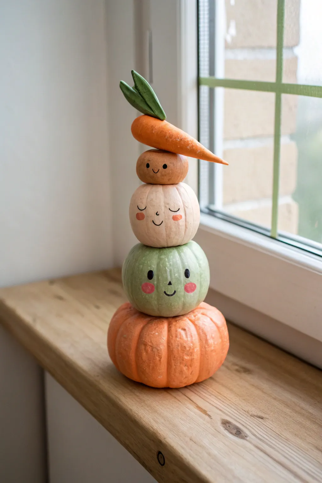 Mini clay totem idea: stack a carrot, pea pod, and pumpkin with sweet tiny faces.