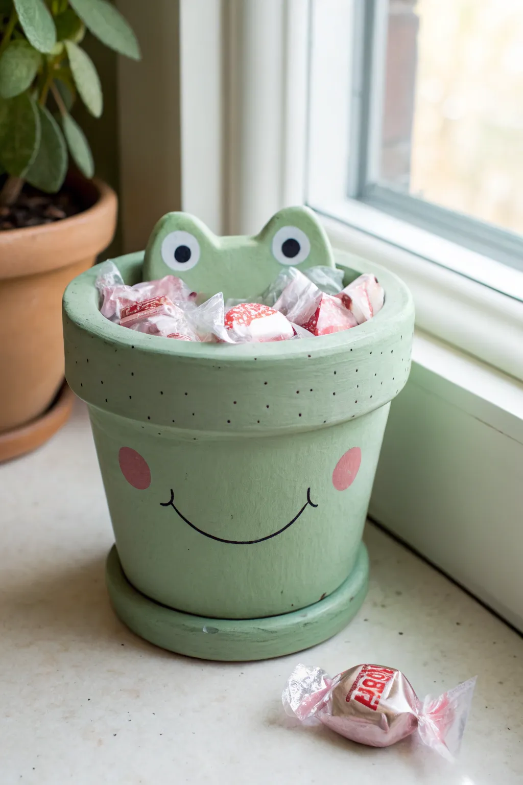Sweet frog terracotta pot candy jar with simple handmade charm and clean minimalist style.