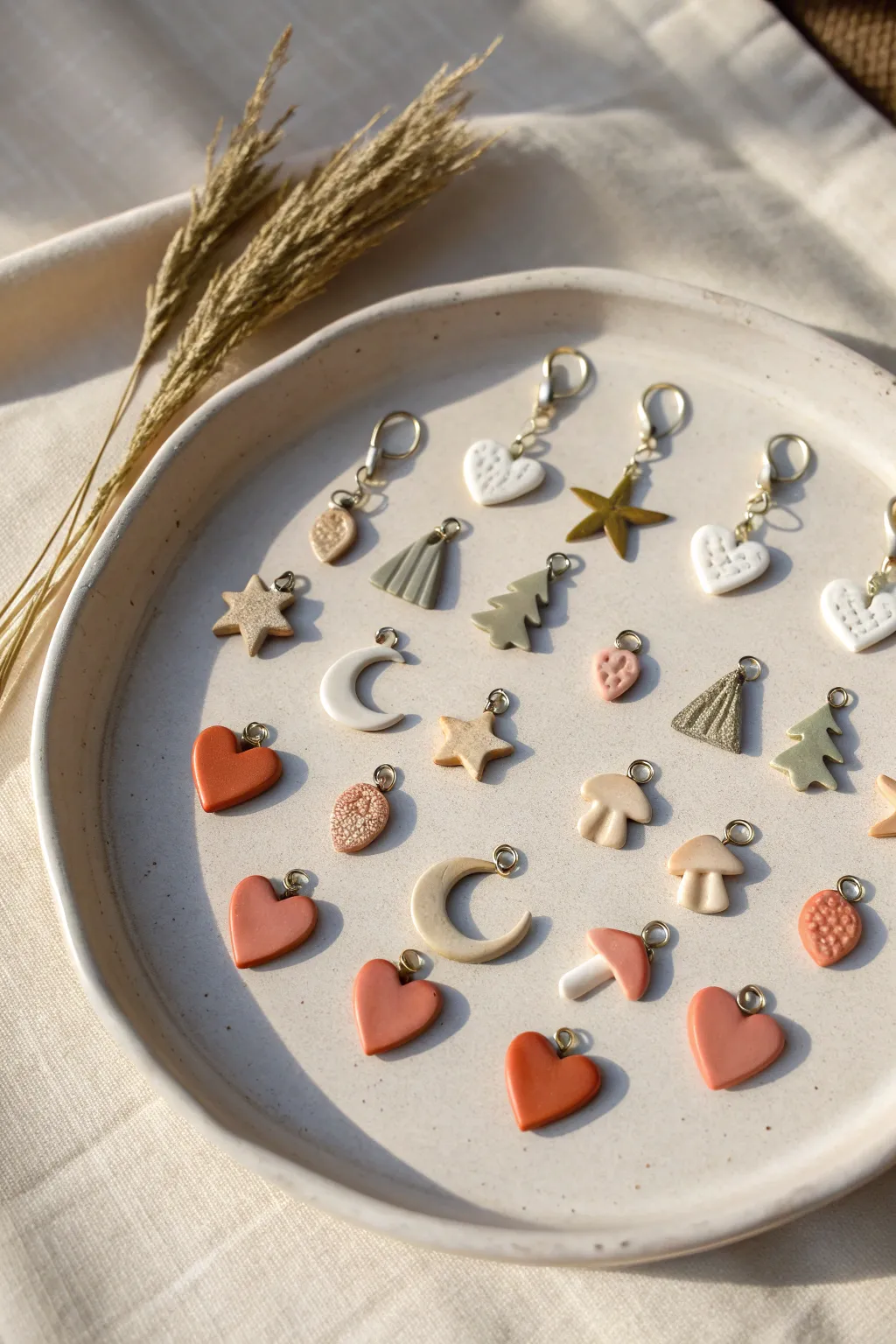 Tiny clay charms in a neat grid, painted simply and sealed glossy for a sweet finish.