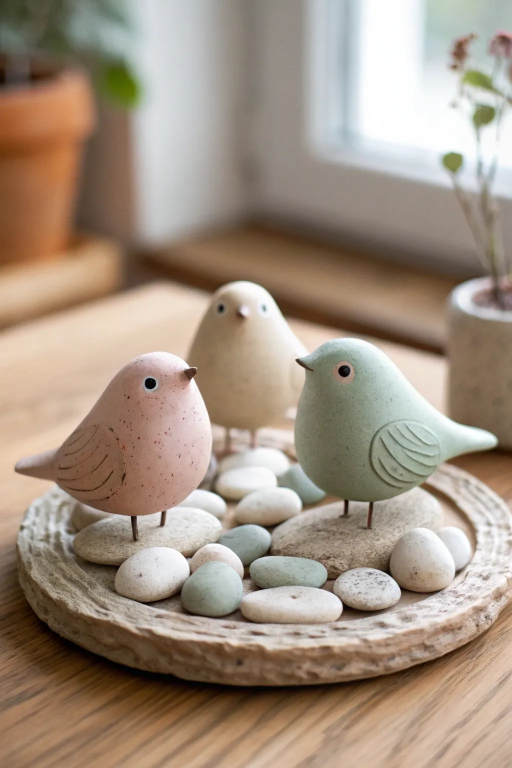 Tiny clay bird buddies on pebble bases, a minimalist boho sculpture for cozy shelves