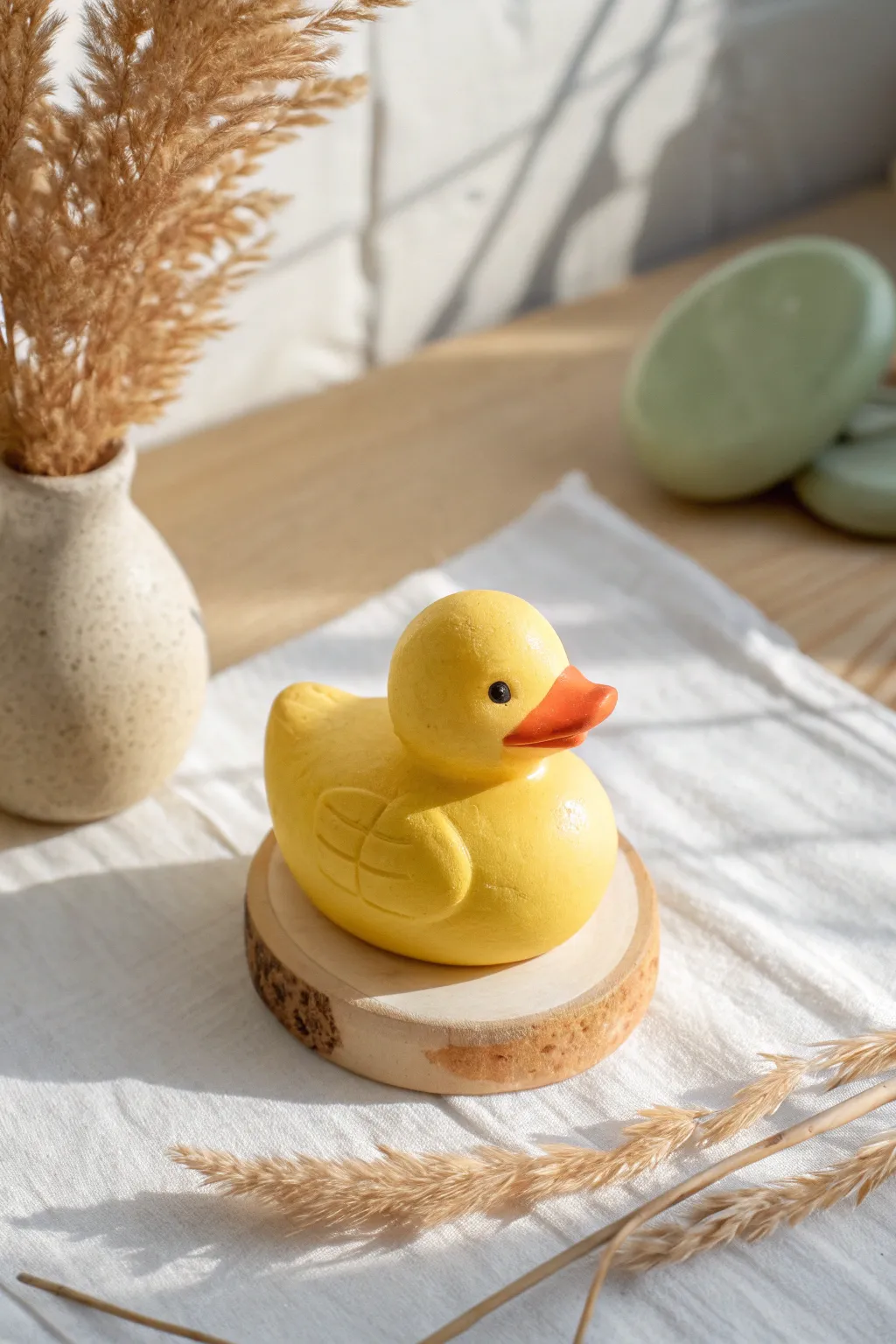 Tiny sunny yellow clay duck with flat beak, a sweet beginner sculpture for your shelf.