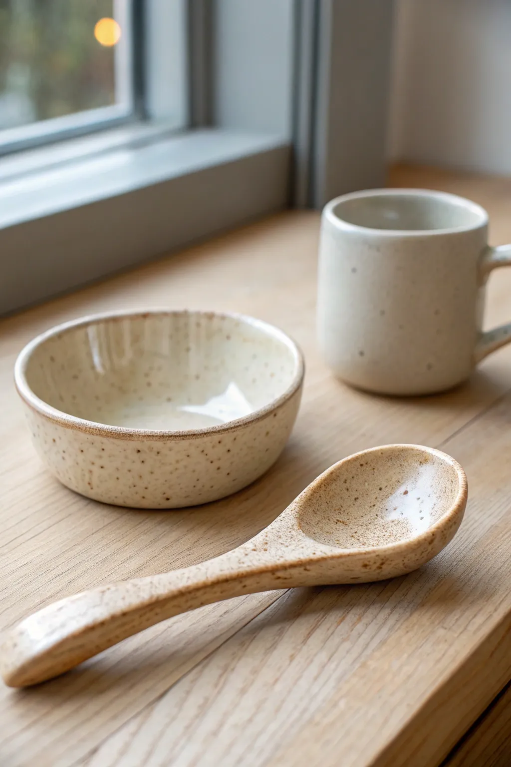 Tiny speckled spoon rest with a perfect notch—minimal, handmade, and beautifully practical.