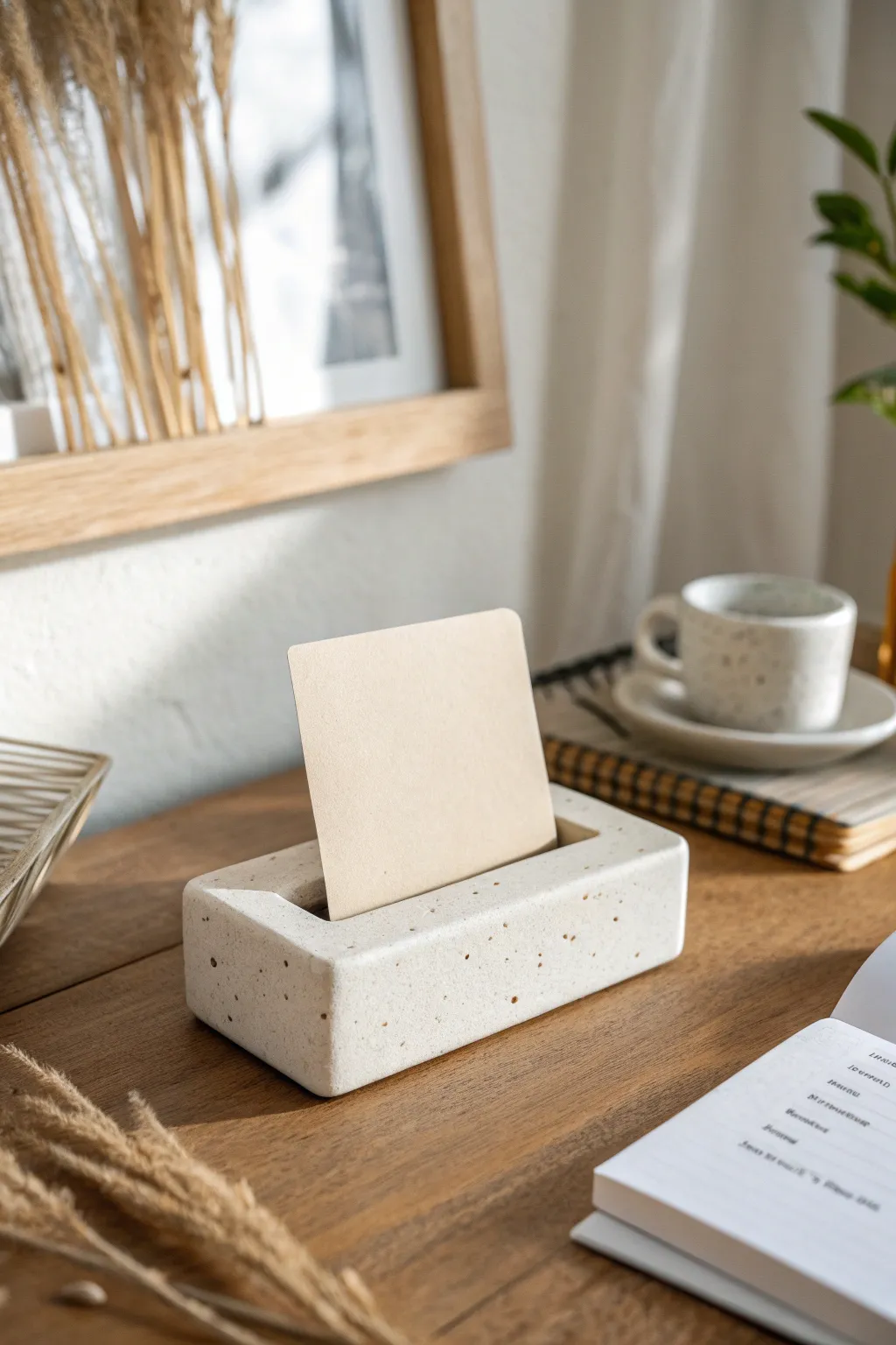 Mini slab clay card stand in matte ivory, styled on light wood for a calm Scandinavian desk moment