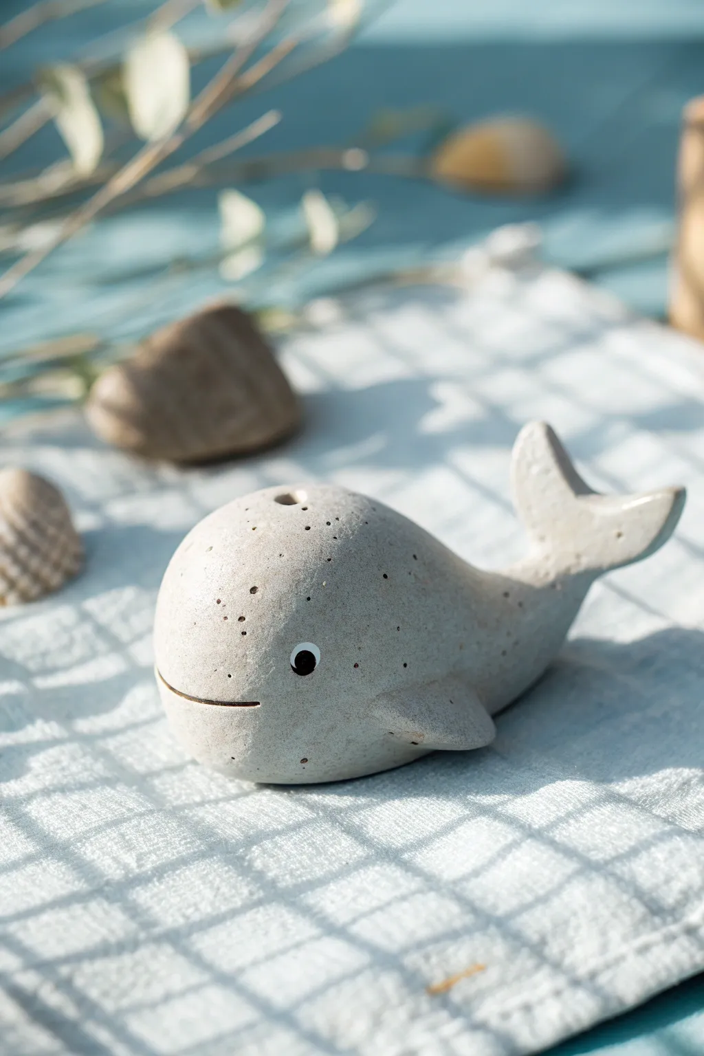 Tiny baby clay whale mini on pale blue backdrop, simple dot eyes and soft Scandinavian calm.